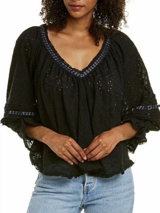 Free People Tops - Free People Darcy Black Eyelet V-Neck Womens Top Boho Peasant Blouse Size Medium